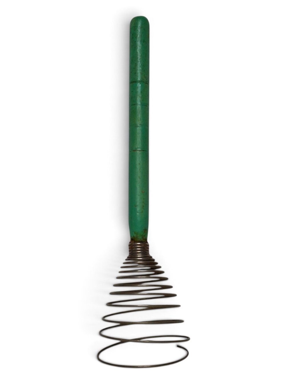 Vintage Mint Green Spring Coil Wire Whisk Grooved Wooden Handle Kitchen Decor